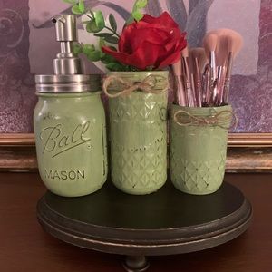 Mason jar bathroom set with flowers and stand